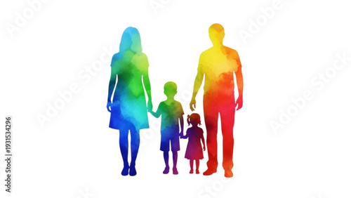 Family of four holding hands in a colorful illustration from a straightforward viewpoint