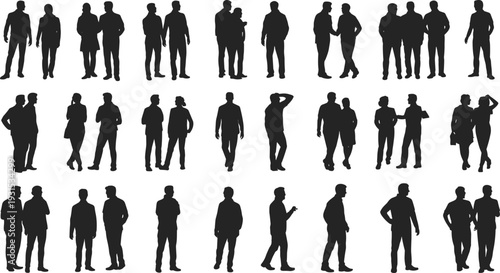 Business people silhouette collection, men and women standing and walking in various poses, black 