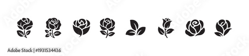 Set of various black silhouette icons representing beautiful blooming roses and floral elements for design