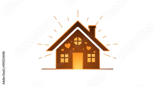 Cozy house illustration with hearts and sunshine surrounding it from a straightforward viewpoint