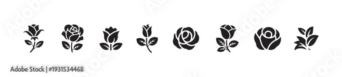 Eight distinct black silhouette icons of roses showcasing various bloom stages and accompanying foliage designs