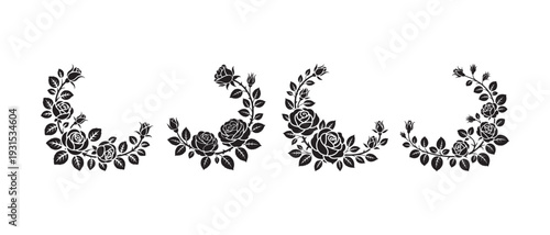 Elegant black rose and bud wreath forming a partial circle for decorative corner element or wedding stationery
