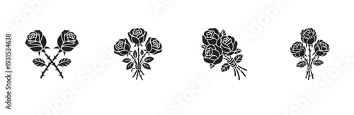 Set of four black silhouette vector icons representing various beautiful rose bouquets and crossed flower arrangements