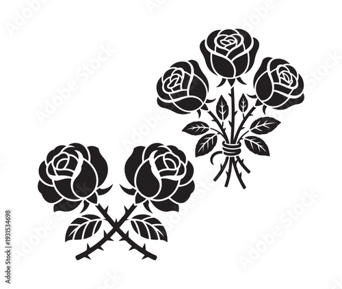 Various black silhouette vector illustrations showing different bouquets of roses and pairs of crossed flowers