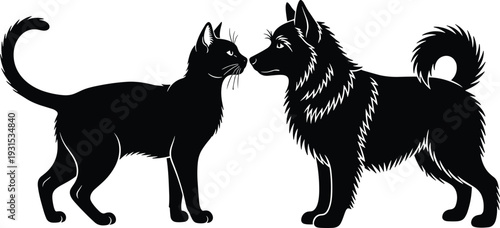 Cat and dog silhouette illustration, domestic pets facing each other, friendship concept, animal companionship design isolated on white background