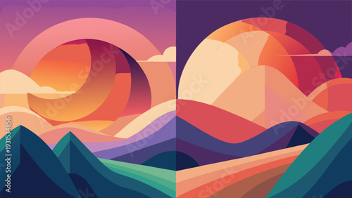 A surreal landscape with vibrant colors and abstract mountain formations under a glowing sky Vector
