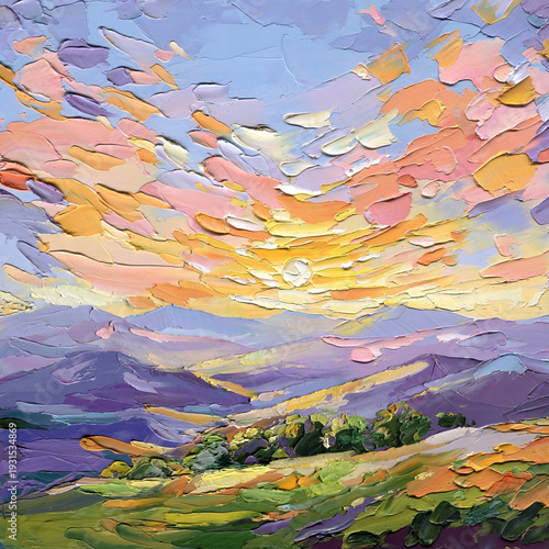 Cuadro en lienzo Impasto sunset landscape painting with pastel lavender sky golden light over pur