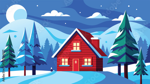 A vibrant winter scene with a red wooden house surrounded by snow-covered trees Vector