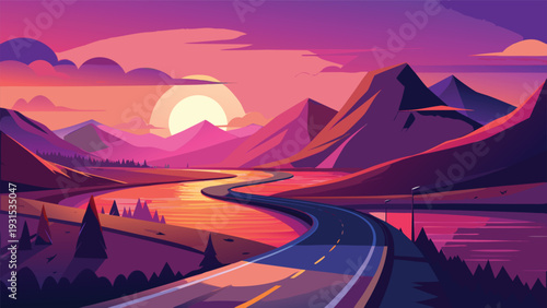 A winding road through a mountainous landscape under a vibrant sunset sky Vector