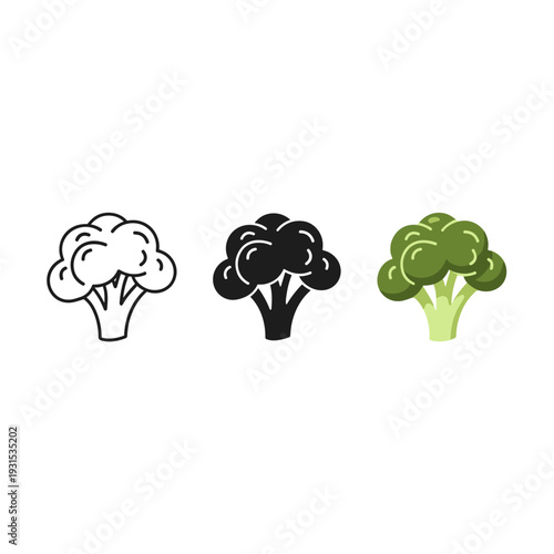 Three broccoli icons in different colors and styles Vector