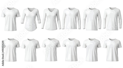 Collection of various white tshirts for men and women in different styles and designs isolated on white background