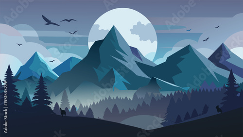 Majestic mountains under a full moon with a dark, cloudy sky and a calm forest below Vector