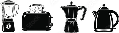 Collection of kitchen appliance silhouettes including blender, toaster, coffee maker, and electric kettle, black vector icons isolated on white background for culinary design.