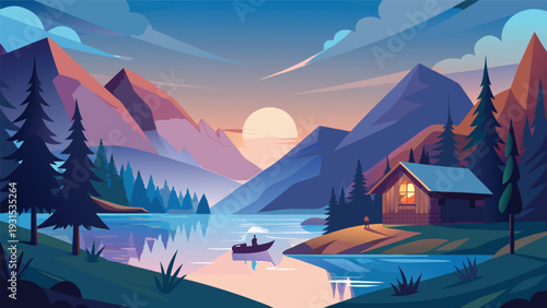 A serene mountain landscape with a lake under a vibrant sunset sky Vector