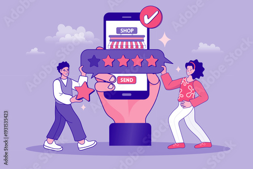 People adding stars to a rating bar on mobile phone screen representing excellent customer service experience and successful business reputation