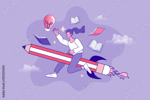 Academic student soaring toward success with creative inspiration and education tools. Modern concept for online schooling self improvement and innovative study methods for future career