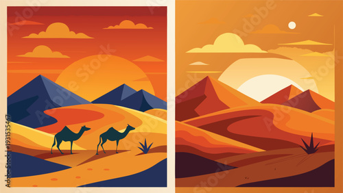 A vibrant sunset over a desert landscape with a camel and a tent Vector