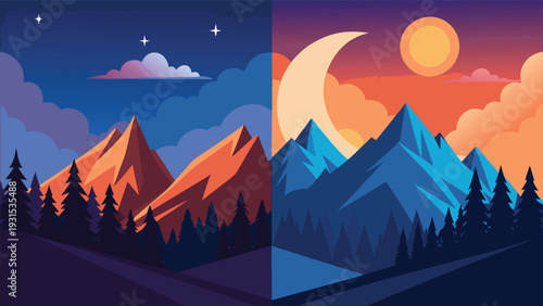 A serene mountain landscape with a full moon rising over a tranquil valley Vector