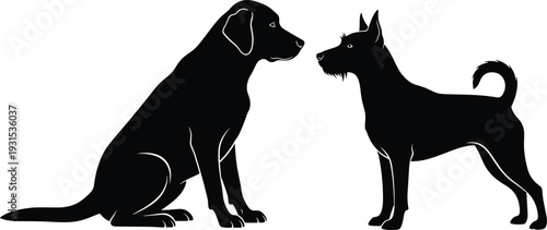 Dog silhouettes vector illustration set, sitting and standing domestic dogs isolated on white background, pet animal black silhouette design