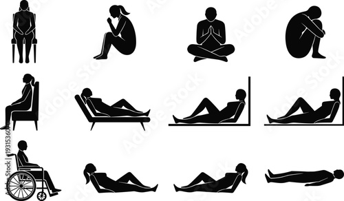 Depression and mental health silhouette set, sad woman sitting, praying, lying and wheelchair poses, emotional stress concept isolated on white background