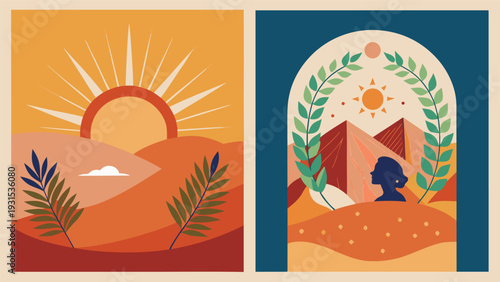 A serene desert landscape with a crescent moon and an open book under a starry sky Vector