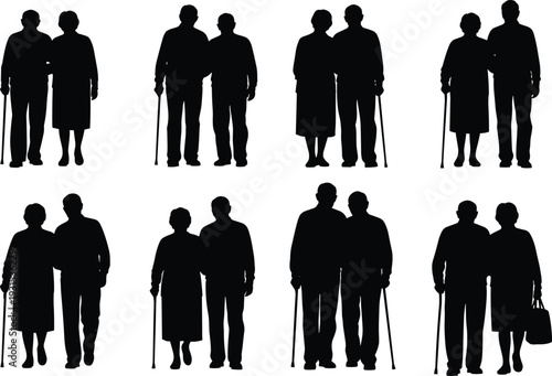 Elderly couples silhouette set, senior men and women with walking canes, retirement lifestyle, aging people support, isolated on white background