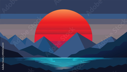 A vibrant sunset over a serene mountain range with a calm lake in the foreground Vector