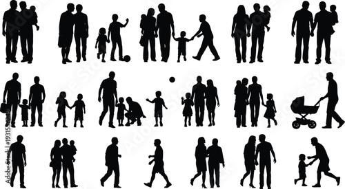 Family silhouette collection with parents and children, happy people walking, playing and parenting scenes, black vector illustration isolated on white background