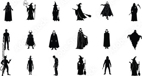 Collection of black silhouettes of various characters