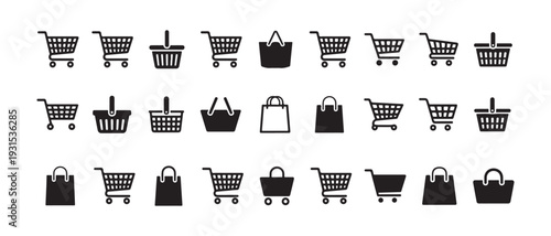 Set of 30 black shopping cart and basket icons, representing e-commerce, retail, and store concepts