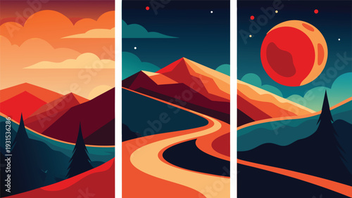 A vibrant sunset over a winding river in a mountainous landscape with a red sky Vector