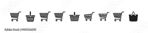 Set of ten black shopping cart and basket icons, ideal for e-commerce, retail, and store marketing designs