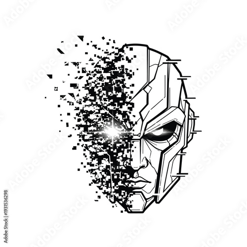 A striking illustration depicts a futuristic cyborg head, half-disintegrating into digital particles with a glowing eye, symbolizing technological evolution and decay.