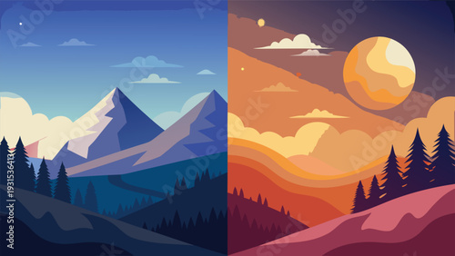 A captivating depiction of a sunset and sunrise over a majestic mountain range. Vector