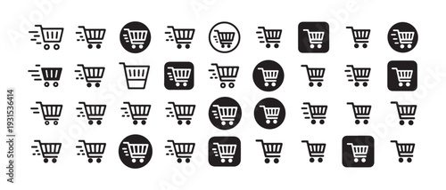 Shopping cart icon set black simple flat style fast shop symbol delivery web design e-commerce market trolley buying