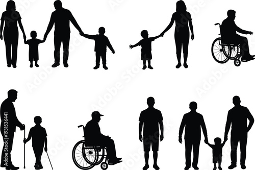 Family silhouettes with children and disabled person in wheelchair, inclusive community concept showing parents kids and people with mobility support isolated on white background
