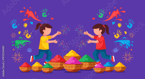 Two girls celebrating Holi festival with colorful powders and handprints in a vibrant illustration