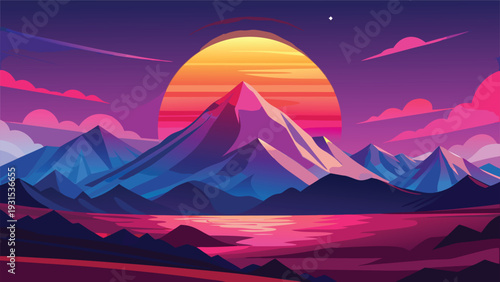 A surreal landscape with vibrant mountains and a pink sky at sunset Vector