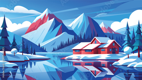 A serene winter landscape featuring a cozy cabin nestled by a frozen lake with snow-covered mountains in the background Vector