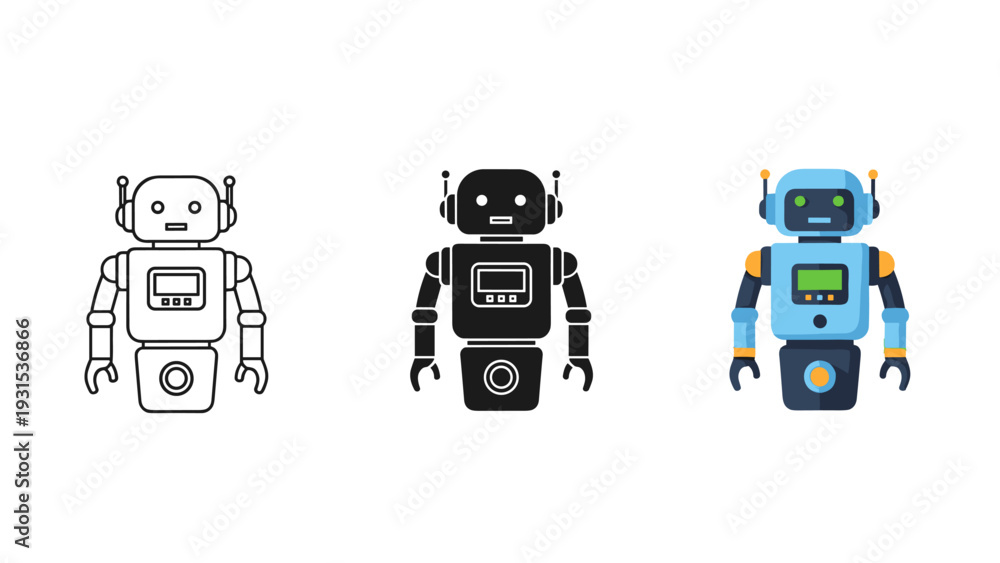 Naklejka premium Three robots in different colors and styles standing side by side Vector