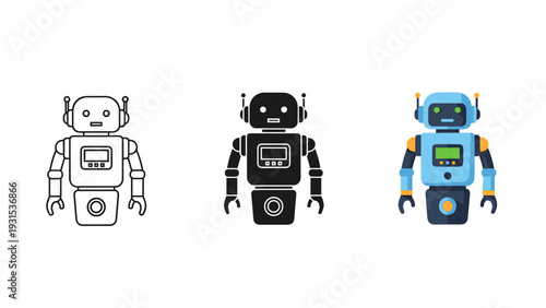 Three robots in different colors and styles standing side by side Vector