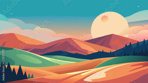 A surreal landscape with a large moon rising over colorful mountains and valleys Vector