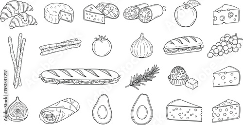 Set of Gourmet Food Icons, Vector Illustration of Cheese, Salami, Croissants, Baguettes, Avocado, Grapes, Sandwiches, and Snacks, Cad Drawing Flat Vector Illustration