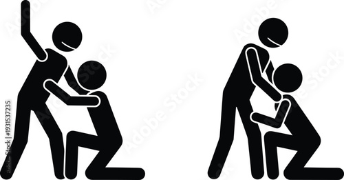 Helping hand vector illustration with silhouettes of a person assisting someone to stand up, black icons for support, kindness, and rehabilitation.