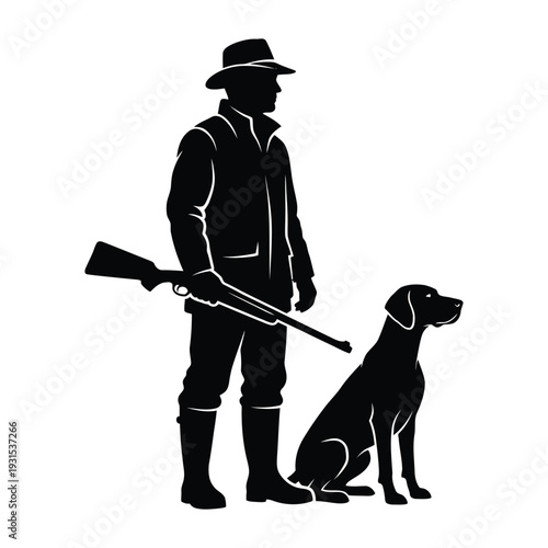Hunter Gun Dog Hunting Silhouette Vector — Shooting Man Hound Black Isolated Clipart 
