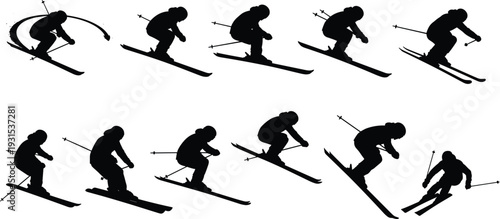 Set of Professional Skiing Silhouettes, Vector Illustration of Downhill Skiers in Motion, Winter Sports Activity, Cad Drawing Flat Vector Illustration
