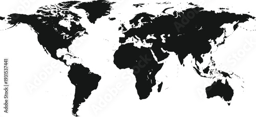 World Map Silhouette Vector Illustration, Global Geography Outline, Earth Landmass Graphic for Travel and Education, Cad Drawing Flat Vector Illustration