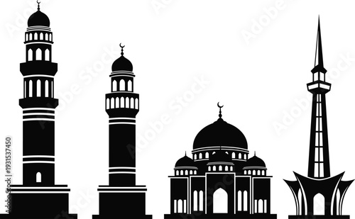 Islamic mosque and minaret silhouettes vector illustration isolated on white background, black architecture icons for Ramadan, Eid, and religious culture design projects.