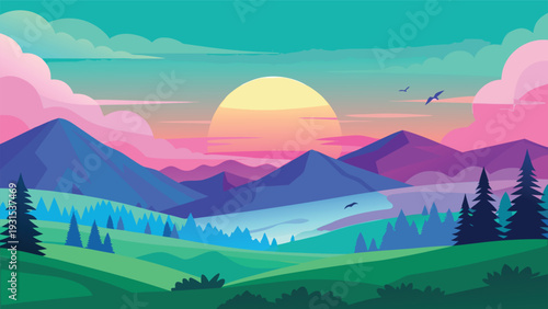 A serene landscape with a vibrant sunset over a tranquil lake and lush mountains Vector