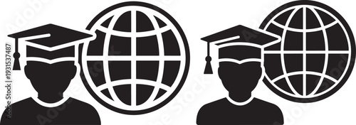 Graduation Cap and Globe Icons, Symbolizing Global Education and Study Abroad